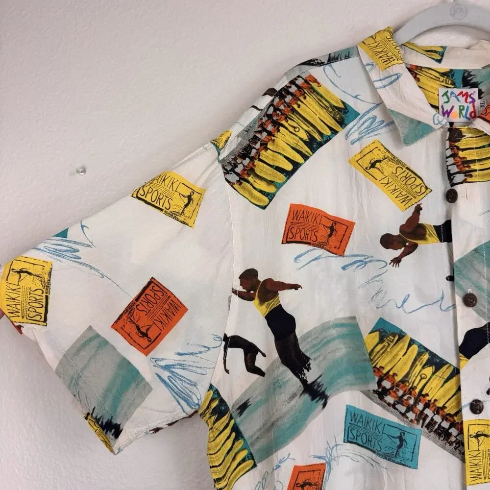 Vintage Jams World Button Down Shirt Waikiki Sports Surfing Hawaiian Beach XL